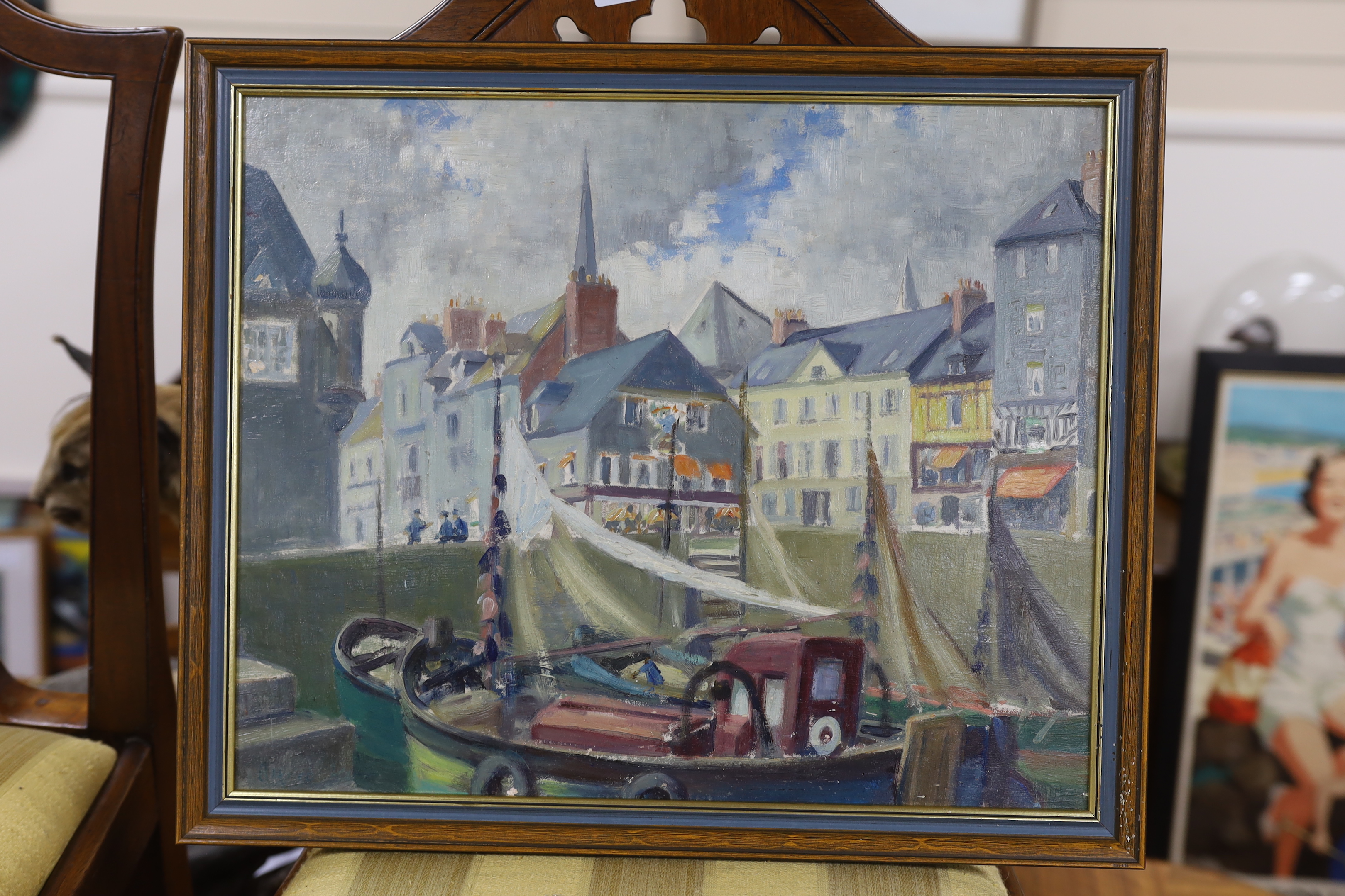 Alfred E. Kerr (1901-1980), oil on board, Fishing boat in harbour, signed, 37 x 45cm